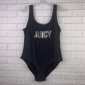 Juicy Couture swimsuit black one piece silver holographic logo size XL